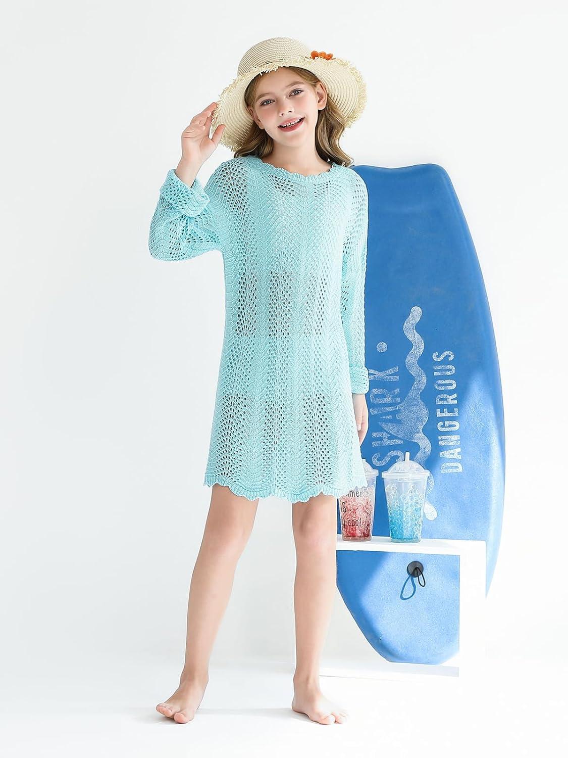 imageHaloumoning Girls Crochet Swim Cover up Kids Beach Summer Long Sleeve Hollow Out Coverup 514 Years