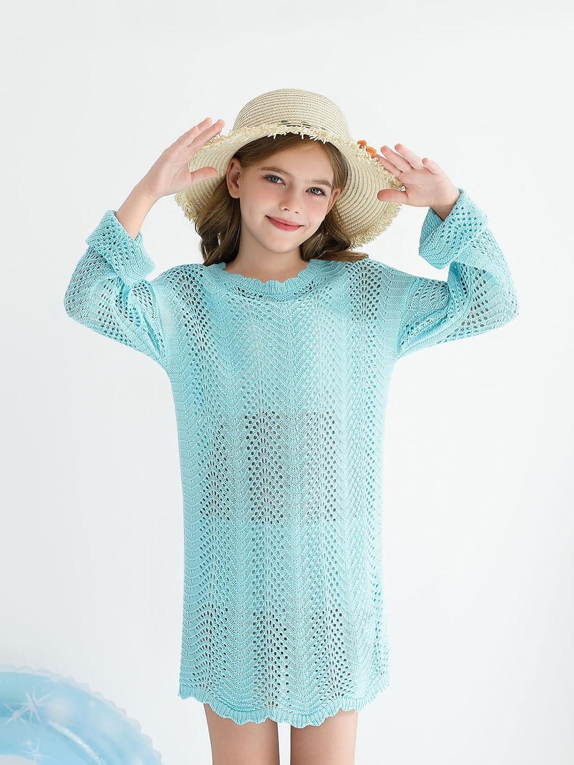 imageHaloumoning Girls Crochet Swim Cover up Kids Beach Summer Long Sleeve Hollow Out Coverup 514 Years