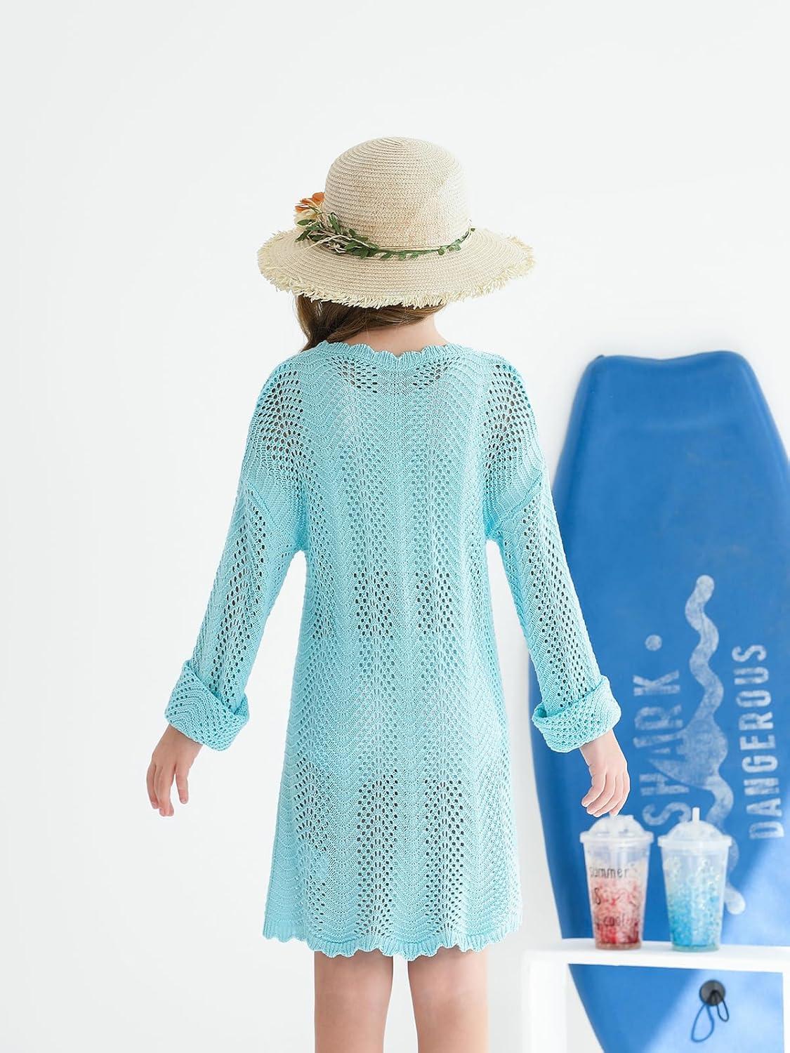 imageHaloumoning Girls Crochet Swim Cover up Kids Beach Summer Long Sleeve Hollow Out Coverup 514 Years