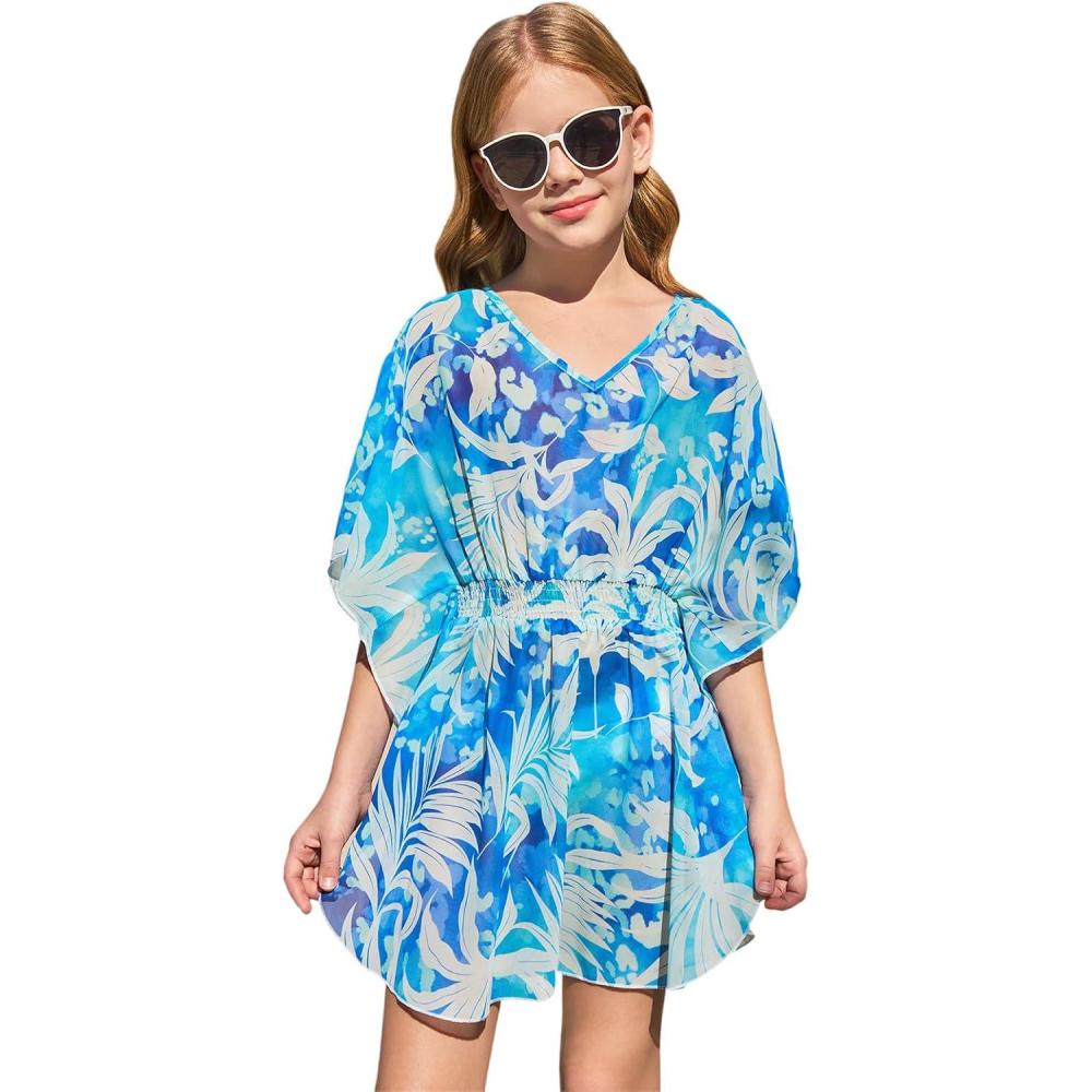 imageHaloumoning Girls Chiffon Swim Beach Cover Up Kids Cute Elastic Waist Printed Bathing Suit Coverups 514 YearsBlue