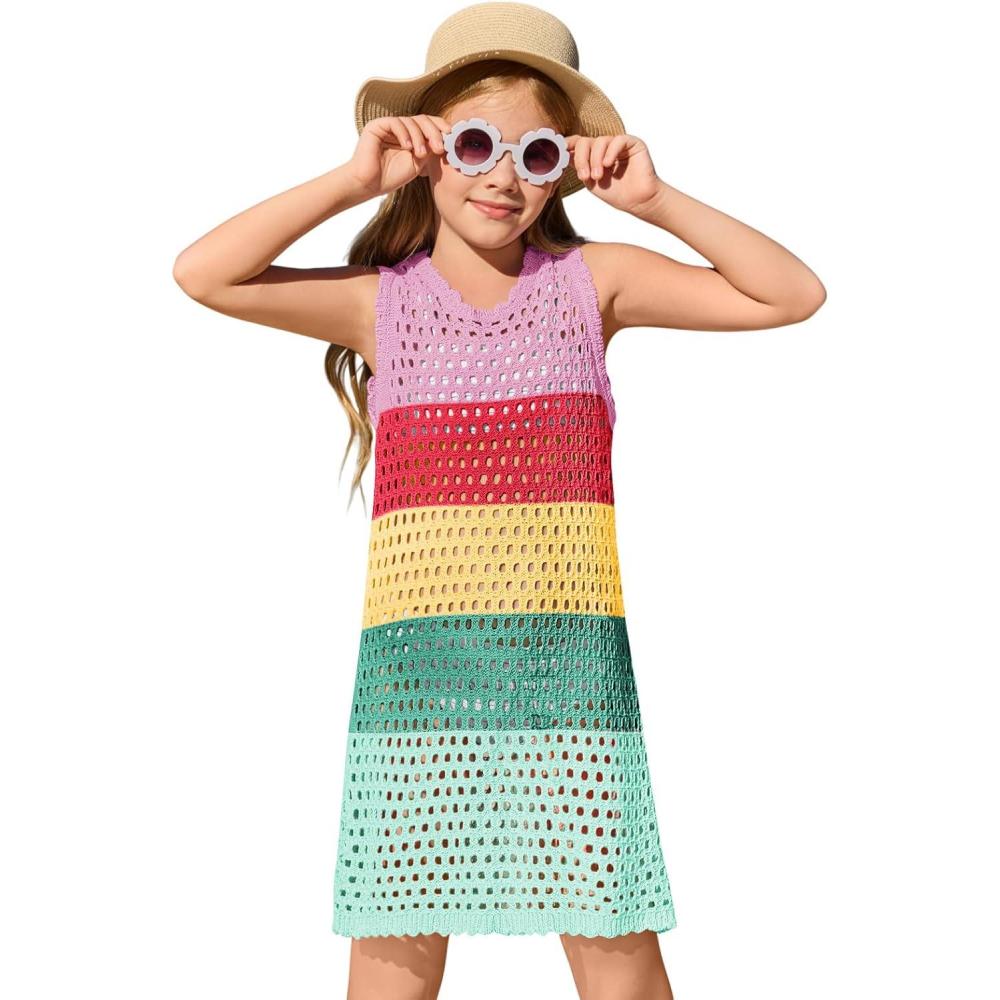 imageHaloumoning Girls Color Block Crochet Knit Swim Cover up Kids Summer Sleeveless Beach Dress 514 YearsPink