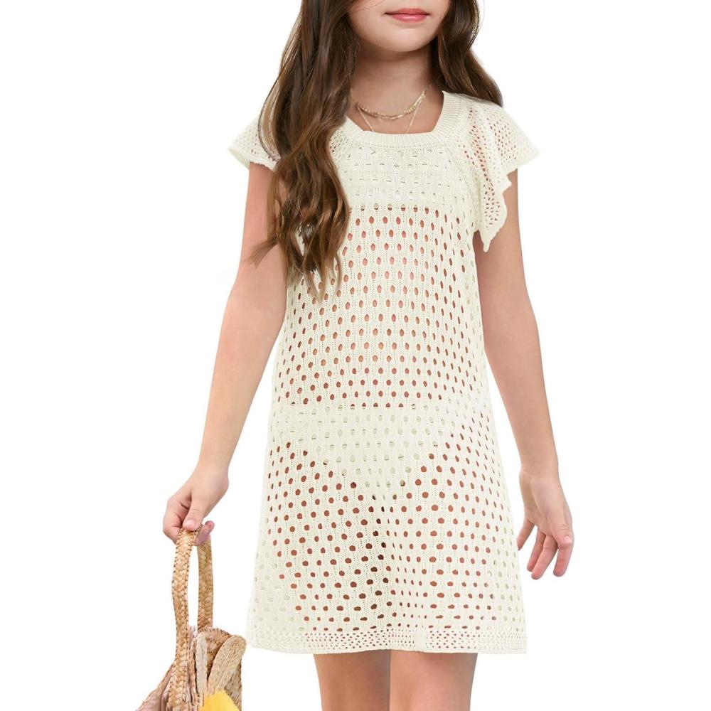 imageHaloumoning Girls Crochet Swim Cover Up Kids Ruffle Sleeve Hollow Out Summer Beach Dress 514 YearsCreamywhite