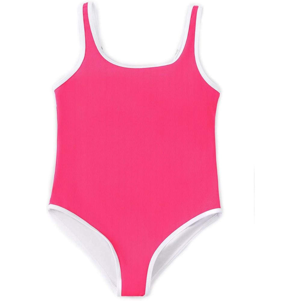 imageHaloumoning Girls One Piece Swimsuits Kids Cute Adjustable Strap Ribbed Bathing Suit Swimwear 514 YearsBright Pink