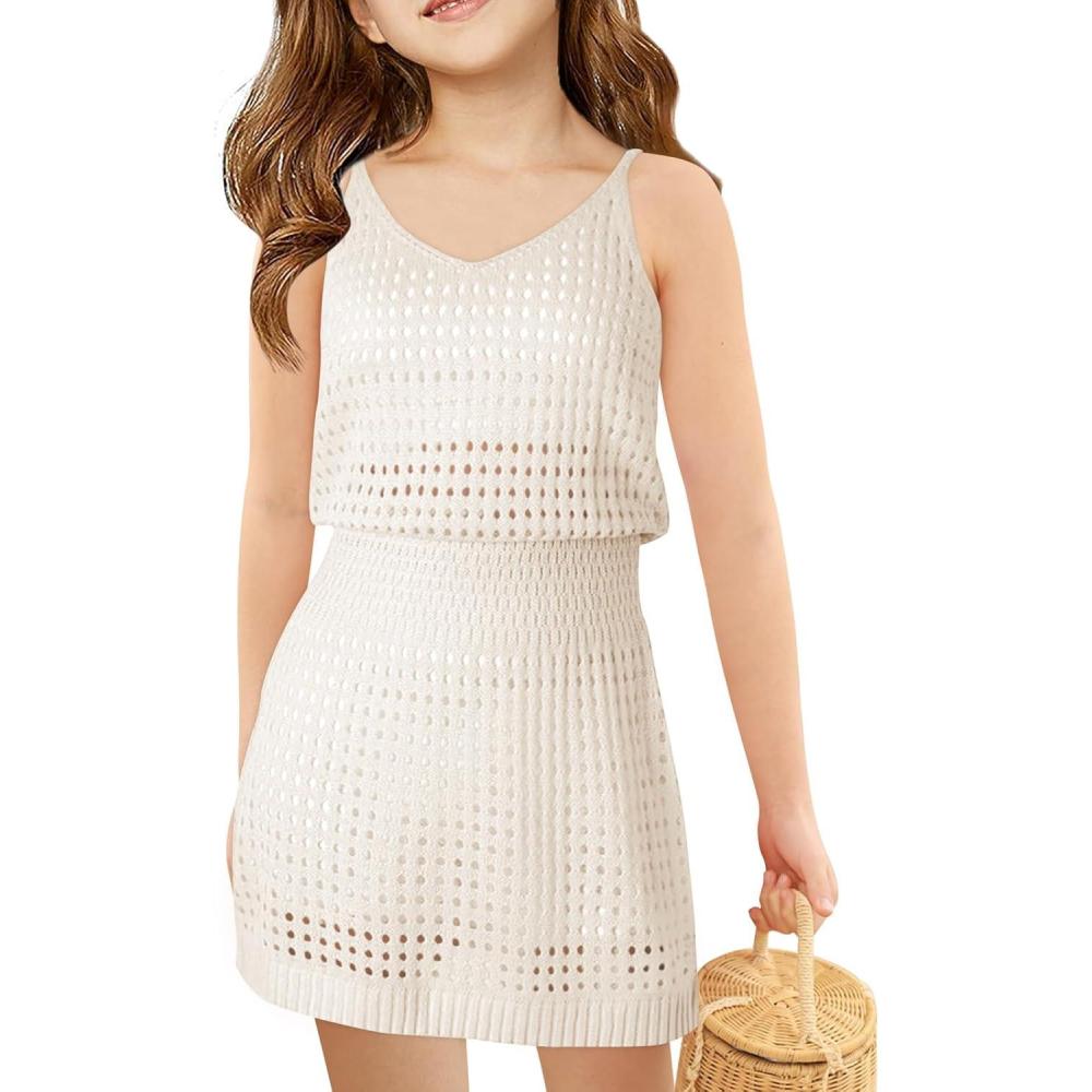 imageHaloumoning Girls Sleeveless Crochet Swimsuit Cover Up Kids Summer Hollow Out Knitted Beach Dress 714 YearsWhite