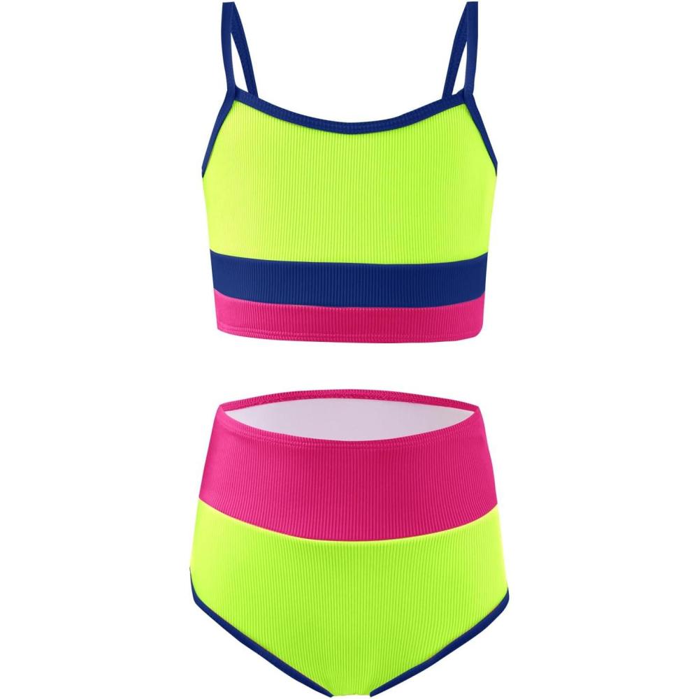imageHaloumoning Girls Swimsuits Bikini Set Adjustable Straps Two Piece Color Block Girls Swimwear with Chest Pad 514 YearsNeon Green