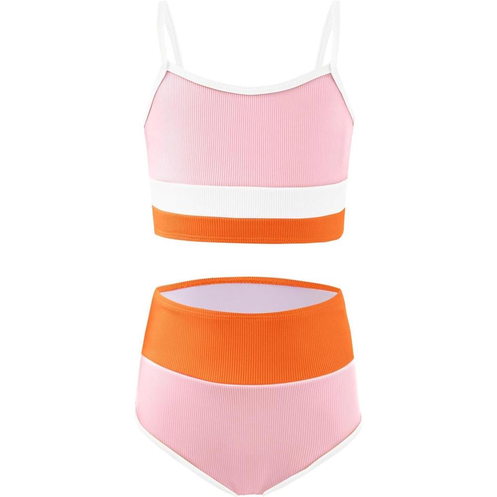 imageHaloumoning Girls Swimsuits Bikini Set Adjustable Straps Two Piece Color Block Girls Swimwear with Chest Pad 514 YearsNude Pink