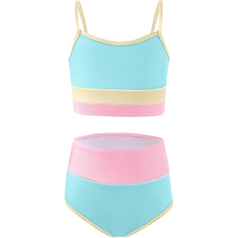 imageHaloumoning Girls Swimsuits Bikini Set Adjustable Straps Two Piece Color Block Girls Swimwear with Chest Pad 514 YearsTurquoise