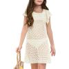 Haloumoning Girls Crochet Swim Cover Up Kids Ruffle Sleeve Hollow Out Summer Beach Dress 5-14 Years(Creamy-white)