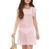 Haloumoning Girls Crochet Swim Cover Up Kids Ruffle Sleeve Hollow Out Summer Beach Dress 5-14 Years(Pink)