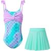Haloumoning Girls One Piece Swimsuits Kids Bathing Suits Ruffle Bow Floral Beach Swimwear with Skirt 5-14 Years(Green)