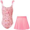 Haloumoning Girls One Piece Swimsuits Kids Bathing Suits Ruffle Bow Floral Beach Swimwear with Skirt 5-14 Years(Pink)