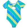 Haloumoning Girls One Piece Swimsuits Kids Short Sleeve Bowknot Backless Bathing Suit Swimwear 5-14 Years(Striped-neon Green)