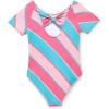 Haloumoning Girls One Piece Swimsuits Kids Short Sleeve Bowknot Backless Bathing Suit Swimwear 5-14 Years(Striped-pink)