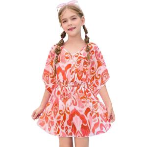 Haloumoning Girls Chiffon Swim Beach Cover Up Kids Cute Elastic Waist Printed Bathing Suit Coverups 5-14 Years(Red)
