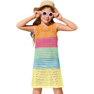 Haloumoning Girls Color Block Crochet Knit Swim Cover up Kids Summer Sleeveless Beach Dress 5-14 Years(Orange)