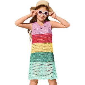 Haloumoning Girls Color Block Crochet Knit Swim Cover up Kids Summer Sleeveless Beach Dress 5-14 Years(Pink)