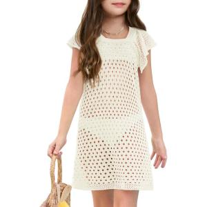 Haloumoning Girls Crochet Swim Cover Up Kids Ruffle Sleeve Hollow Out Summer Beach Dress 5-14 Years(Creamy-white)