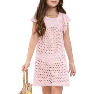 Haloumoning Girls Crochet Swim Cover Up Kids Ruffle Sleeve Hollow Out Summer Beach Dress 5-14 Years(Pink)