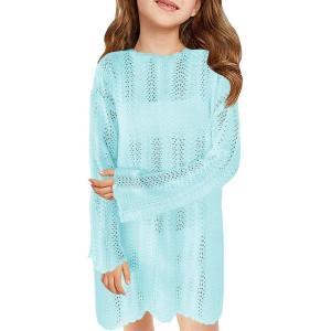 Haloumoning Girls Crochet Swim Cover up Kids Beach Summer Long Sleeve Hollow Out Coverup 5-14 Years