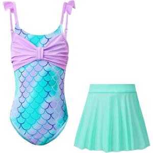Haloumoning Girls One Piece Swimsuits Kids Bathing Suits Ruffle Bow Floral Beach Swimwear with Skirt 5-14 Years(Green)