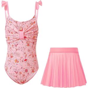 Haloumoning Girls One Piece Swimsuits Kids Bathing Suits Ruffle Bow Floral Beach Swimwear with Skirt 5-14 Years(Pink)