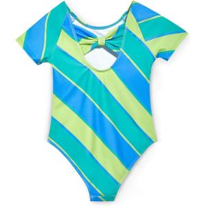 Haloumoning Girls One Piece Swimsuits Kids Short Sleeve Bowknot Backless Bathing Suit Swimwear 5-14 Years(Striped-neon Green)