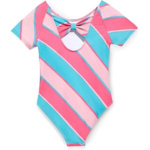 Haloumoning Girls One Piece Swimsuits Kids Short Sleeve Bowknot Backless Bathing Suit Swimwear 5-14 Years(Striped-pink)