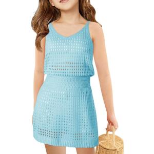 Haloumoning Girls Sleeveless Crochet Swimsuit Cover Up Kids Summer Hollow Out Knitted Beach Dress 7-14 Years(Blue)