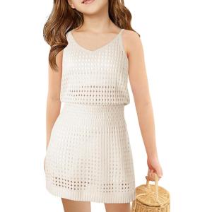 Haloumoning Girls Sleeveless Crochet Swimsuit Cover Up Kids Summer Hollow Out Knitted Beach Dress 7-14 Years(White)