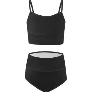 Haloumoning Girls Swimsuits Bikini Set Adjustable Straps Two Piece Color Block Girls’ Swimwear with Chest Pad 5-14 Years(1-black)