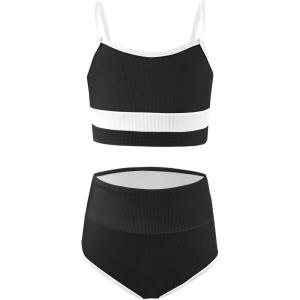 Haloumoning Girls Swimsuits Bikini Set Adjustable Straps Two Piece Color Block Girls’ Swimwear with Chest Pad 5-14 Years(Black & White)