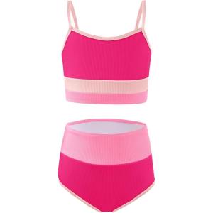 Haloumoning Girls Swimsuits Bikini Set Adjustable Straps Two Piece Color Block Girls’ Swimwear with Chest Pad 5-14 Years(Hot Pink)