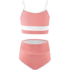 Haloumoning Girls Swimsuits Bikini Set Adjustable Straps Two Piece Color Block Girls’ Swimwear with Chest Pad 5-14 Years(Light Pink)