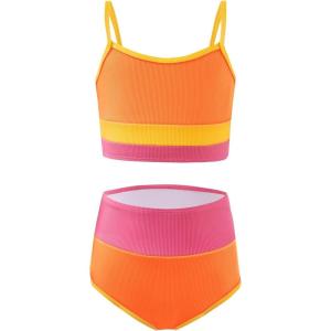 Haloumoning Girls Swimsuits Bikini Set Adjustable Straps Two Piece Color Block Girls’ Swimwear with Chest Pad 5-14 Years(Orange)