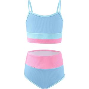 Haloumoning Girls Swimsuits Bikini Set Adjustable Straps Two Piece Color Block Girls’ Swimwear with Chest Pad 5-14 Years(Sky Blue)