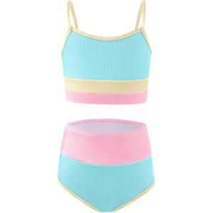 Haloumoning Girls Swimsuits Bikini Set Adjustable Straps Two Piece Color Block Girls’ Swimwear with Chest Pad 5-14 Years(Turquoise)