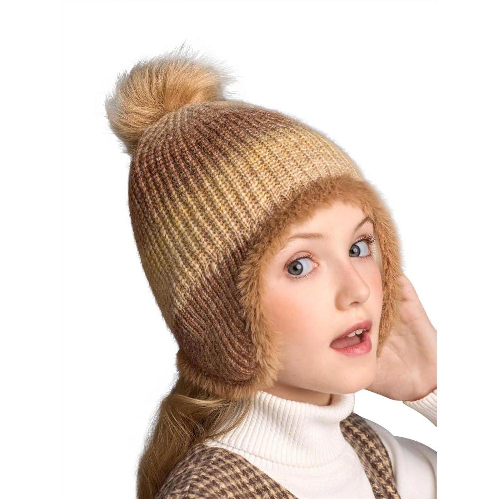 imageGirls Winter Beanie Hat with Ear Flaps Kids Warm Fleece Lined Pom Pom Knit Hats Snow Ski Cap 410 YearsBrown
