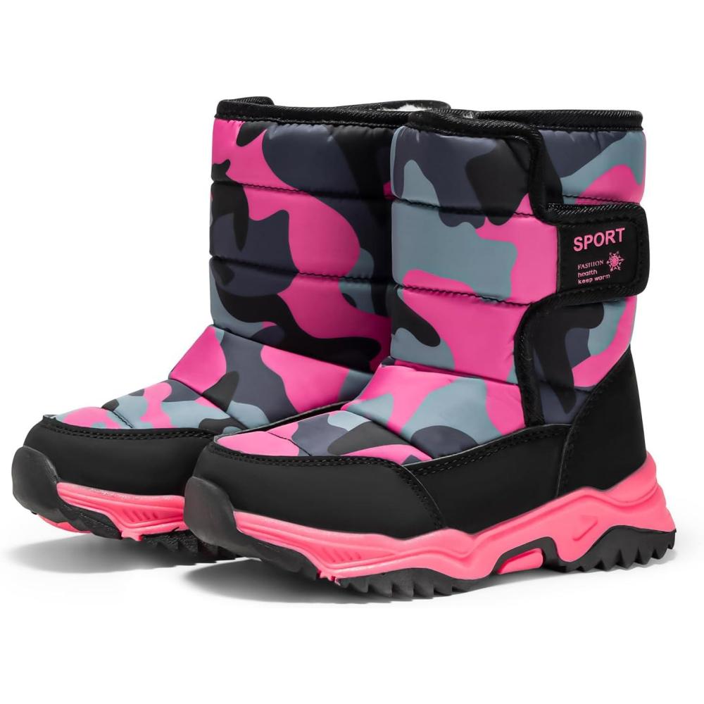 imageHaloumoning Boys Girls Snow Boots Hook and Loop Mid Calf Waterproof Slip Resistant Winter Warm Shoes for Little Big KidsRose Red