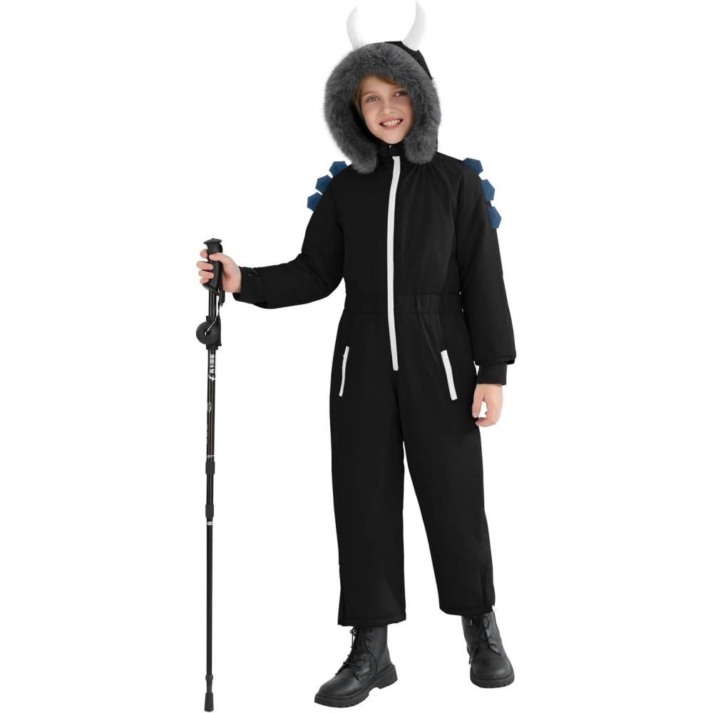 imageHaloumoning Boys One Piece Dinosaur Snowsuits Kids Hooded Waterproof Winter Outdoor Overalls Snowboarding Ski Suits 514YBlack
