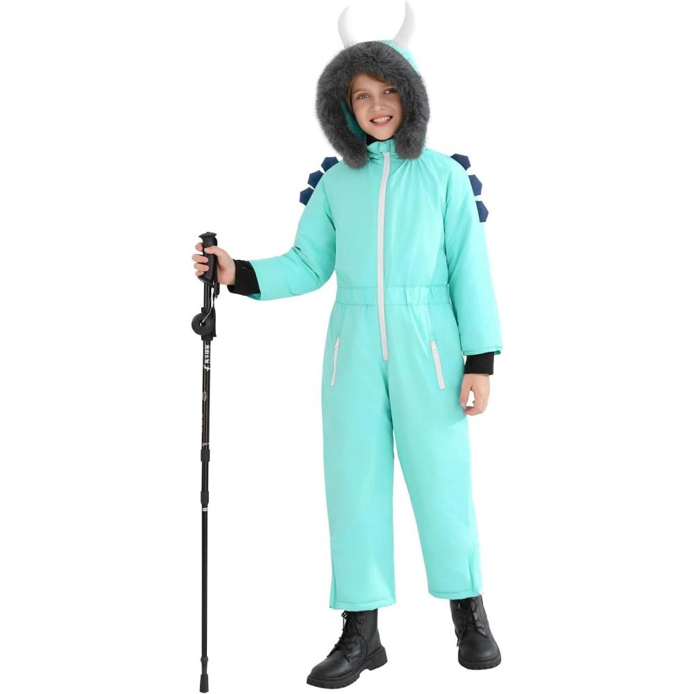 imageHaloumoning Boys One Piece Dinosaur Snowsuits Kids Hooded Waterproof Winter Outdoor Overalls Snowboarding Ski Suits 514YMint Green