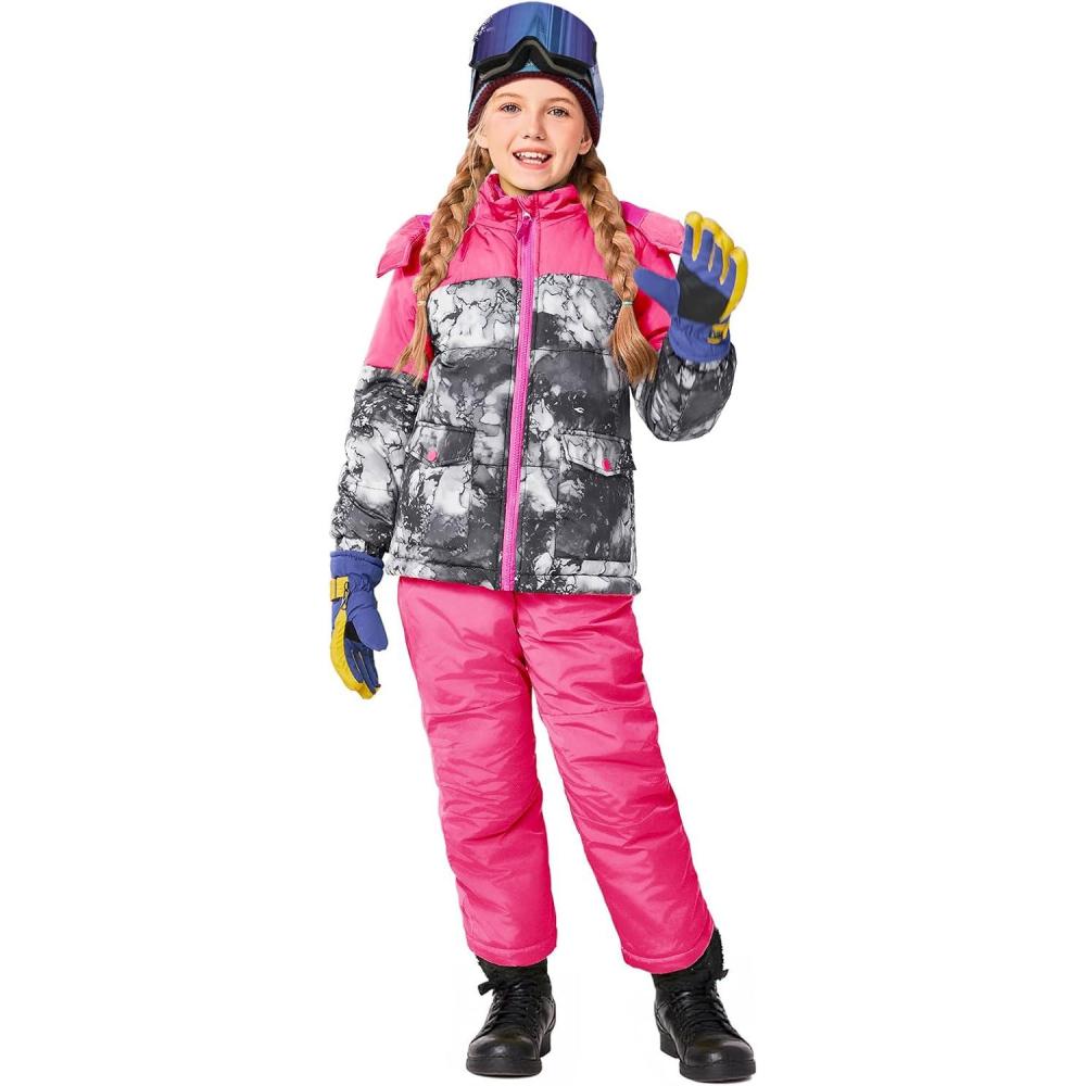 imageHaloumoning Girls 2 Piece Snowsuit Kids Waterproof Fleece Lined Ski Jacket and Snow Bibs Overalls Set 514 YearsHot Pink