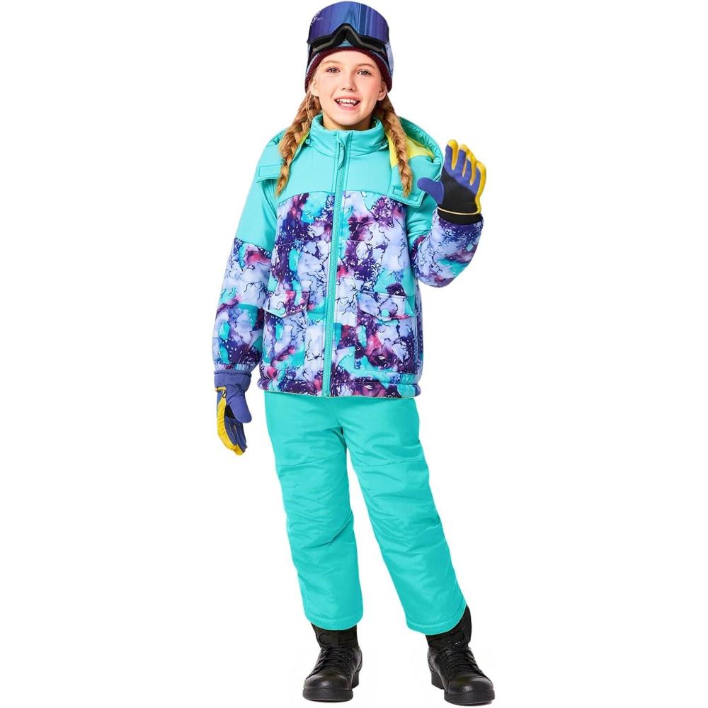 imageHaloumoning Girls 2 Piece Snowsuit Kids Waterproof Fleece Lined Ski Jacket and Snow Bibs Overalls Set 514 YearsMint Green