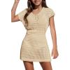 Haloumoning Girls Crochet Swim Beach Cover Up Kids Fashion Button Short Sleeve Swimsuits Cover Ups 5-14 Years(Off-white)