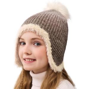 Girls Winter Beanie Hat with Ear Flaps Kids Warm Fleece Lined Pom Pom Knit Hats Snow Ski Cap 4-10 Years(Coffee)