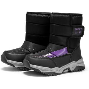 Haloumoning Boys Girls Snow Boots Hook and Loop Mid Calf Waterproof Slip Resistant Winter Warm Shoes for Little Big Kids(Black)