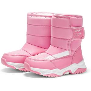Haloumoning Boys Girls Snow Boots Hook and Loop Mid Calf Waterproof Slip Resistant Winter Warm Shoes for Little Big Kids(Pink)