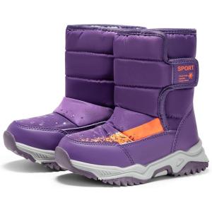 Haloumoning Boys Girls Snow Boots Hook and Loop Mid Calf Waterproof Slip Resistant Winter Warm Shoes for Little Big Kids(Purple)