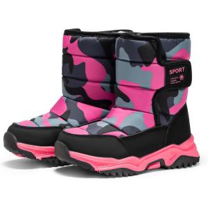 Haloumoning Boys Girls Snow Boots Hook and Loop Mid Calf Waterproof Slip Resistant Winter Warm Shoes for Little Big Kids(Rose Red)