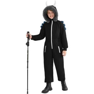 Haloumoning Boys One Piece Dinosaur Snowsuits Kids Hooded Waterproof Winter Outdoor Overalls Snowboarding Ski Suits 5-14Y(Black)