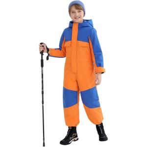 Haloumoning Boys One Piece Snowsuit Kids Hooded Waterproof Insulated Ski Suit Coveralls 5-14 Years(Orange)